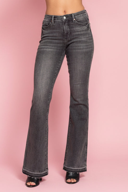 Judy Blue Mid-Rise Tummy Control Washed Gray Release Hem Flare Jeans