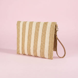 Two-Tone Striped Straw Foldover Clutch