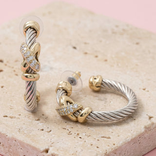 Mixed-Metal Cable Twist Hoop Earrings with CZ Accents