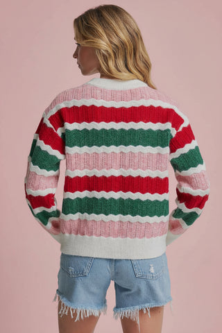 Women's Holiday Christmas Color Textured Stripe Sweater Top
