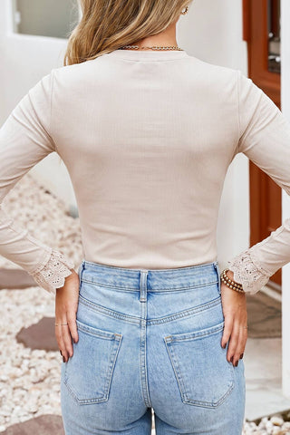 Elegant Lace Cuff Round Neck Long Sleeve Ribbed Blouse