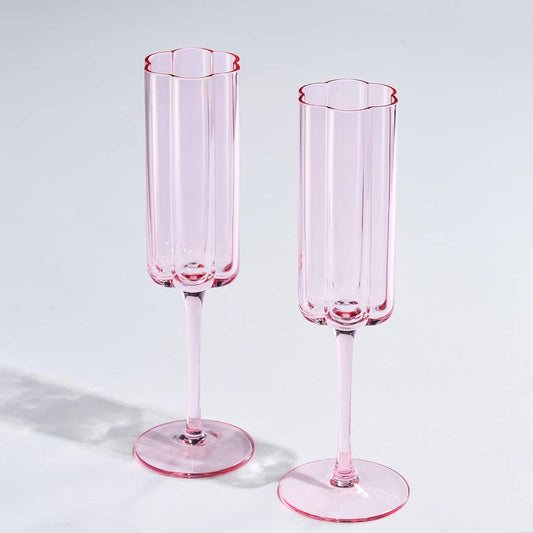 Set of 2 Flower Vintage Champagne Flute Glassware - 7.4 oz