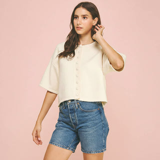 Women's Button-Down Short Sleeve Textured Knit Sweater