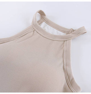 Basic Round Neck Halter Rib Knit Built-In Bra Tank Top