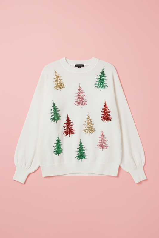 Colorful Tree Sequin Detail Knitted Sweater Top