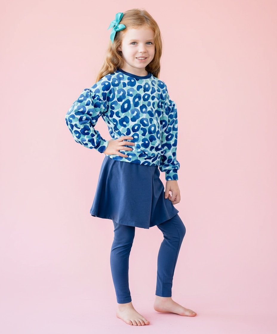 Kids Blue Watercolor Leopard Velour Sweatshirt & Navy Skirted Leggings Set