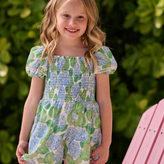 Girls Spring Summer Smocked Romper - Rosie Blue Hydrangeas
