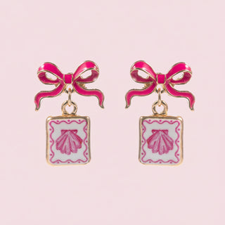 Bow Shell Print Square Frame Drop Earrings
