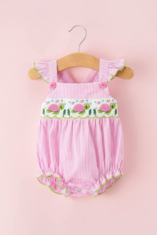 Turtle Smocked Pink Stripe Ruffle Romper