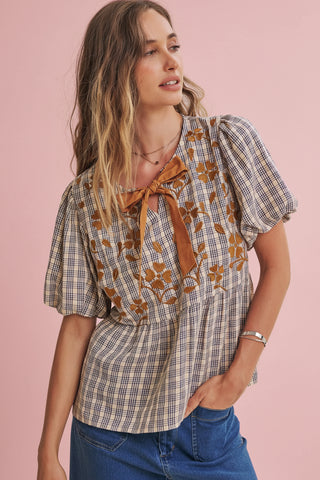 Women's Plaid Floral Embroidered Babydoll Blouse with Contrast Neck Bow