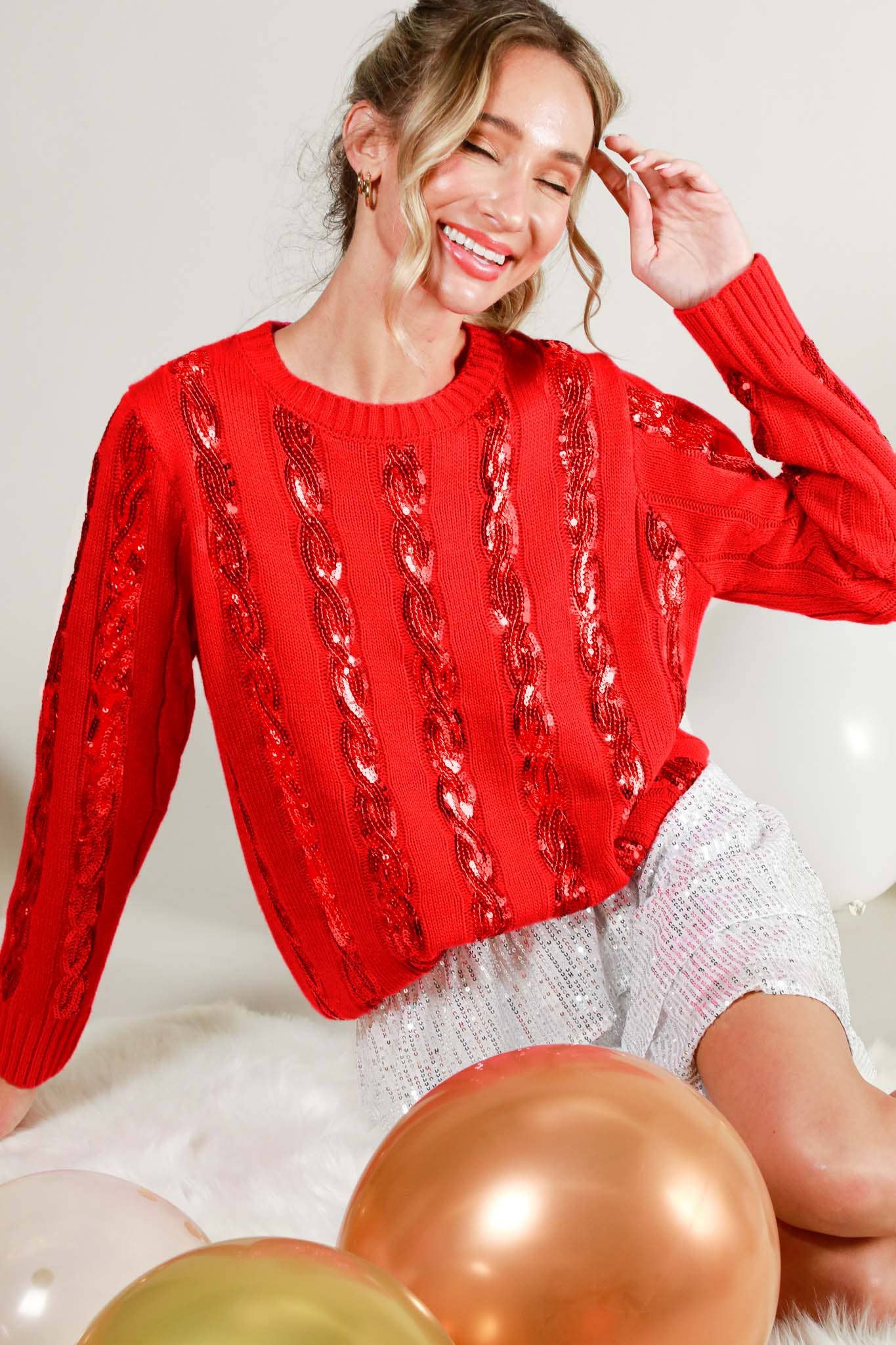 Cable Sequin Detail Crew Neck Knitted Sweater Top