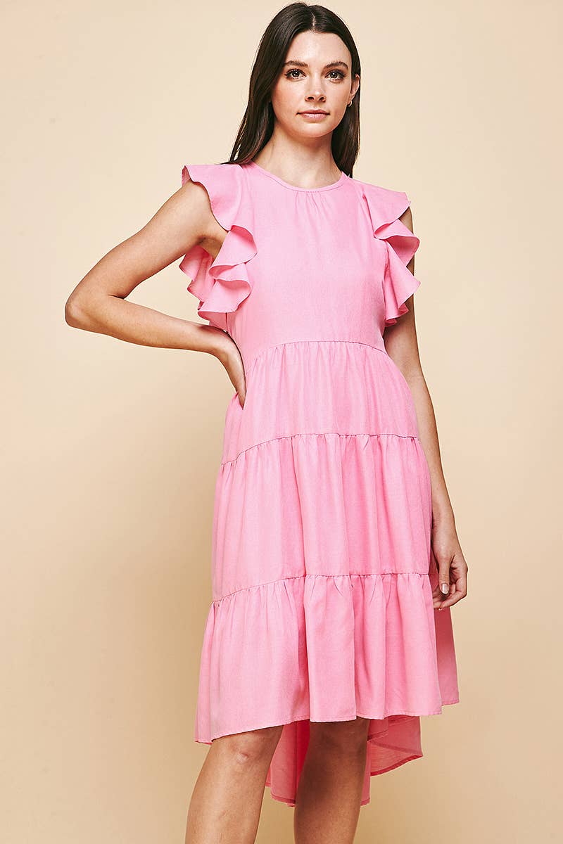Ruffle Sleeve Tiered Midi Dress - Pink