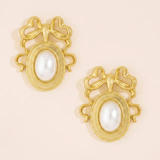 Bow Top Oval Pearl Frame Stud Earrings