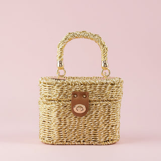 Metallic Woven Straw Top Handle Box Bag