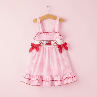 4th of July Plaid Girls Dress Bow Ruffle