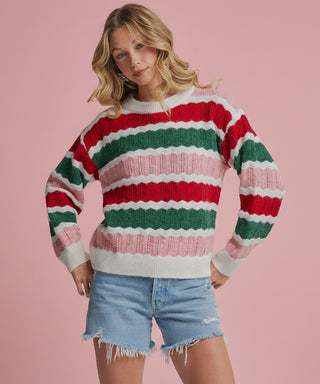 Women's Holiday Christmas Color Textured Stripe Sweater Top