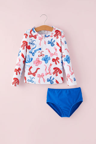 Girls’ Patriotic Ribbon Bow Long-Sleeve Rashguard Set
