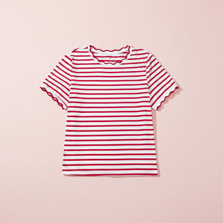 Stripe Scalloped Trim Round Neck T Shirt