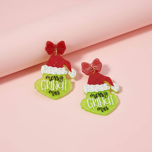 Christmas Green Monster Acetate Dangling Earrings
