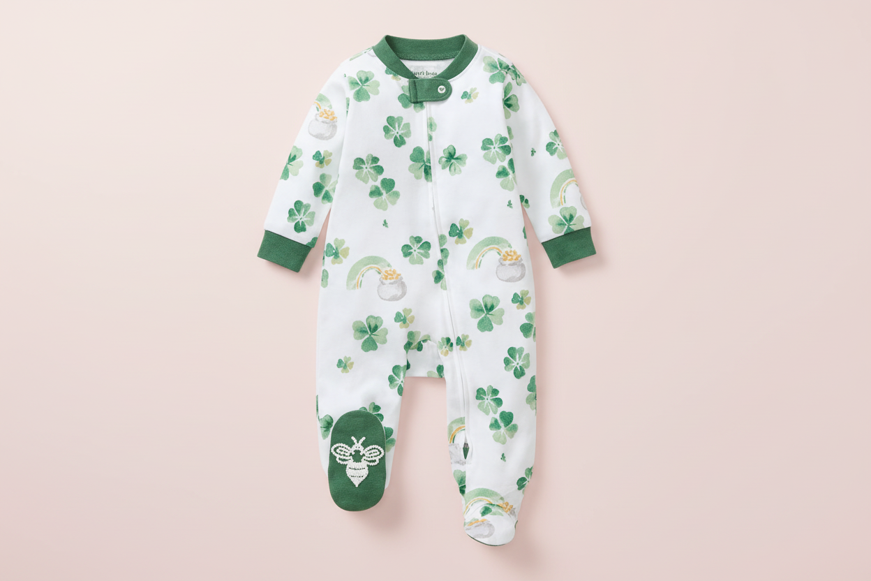 Baby onesie with green and white pattern on a beige background