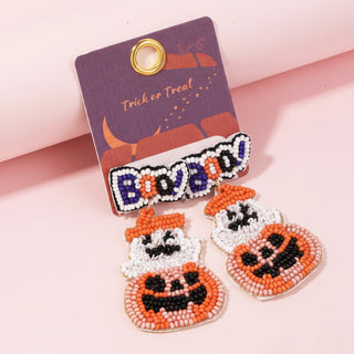 "BOO!" Beaded Jack-O'-Lantern Halloween Dangle Earrings