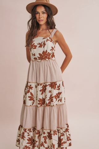 Women's Mixed Print Floral Tiered Midi Dress with Wavy Piping