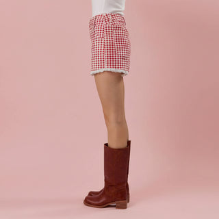 Red and White Gingham & Lace Denim Shortscn