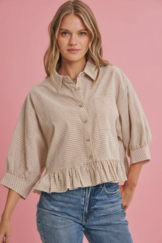 Women's Relaxed Gingham Check Button Down Shirt with Ruffle Hem
