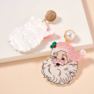 Pearl Pink Santa Face Drop Earrings | Acrylic Christmas Dangles