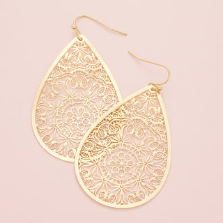 Filigree Brass Metal Teardrop Dangle Earrings