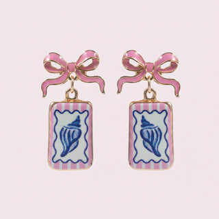 Bow Shell Print Square Frame Drop Earrings