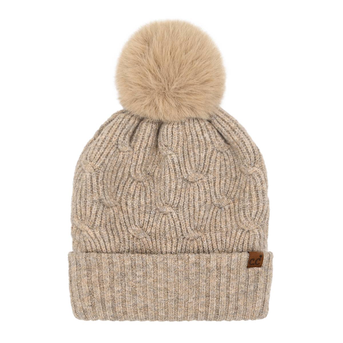Cable Knit Faux Fur Pom Pom Beanie