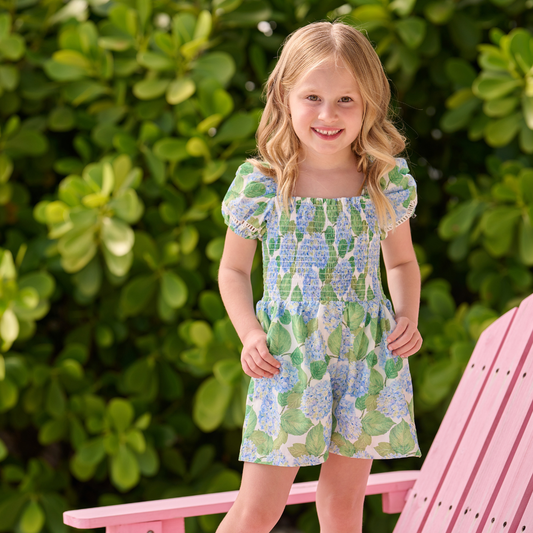 Girls Spring Summer Smocked Romper - Rosie Blue Hydrangeas