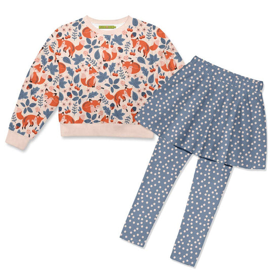 Girls  Peach Fox Leaves Velour Sweatshirt & Skirted Legging