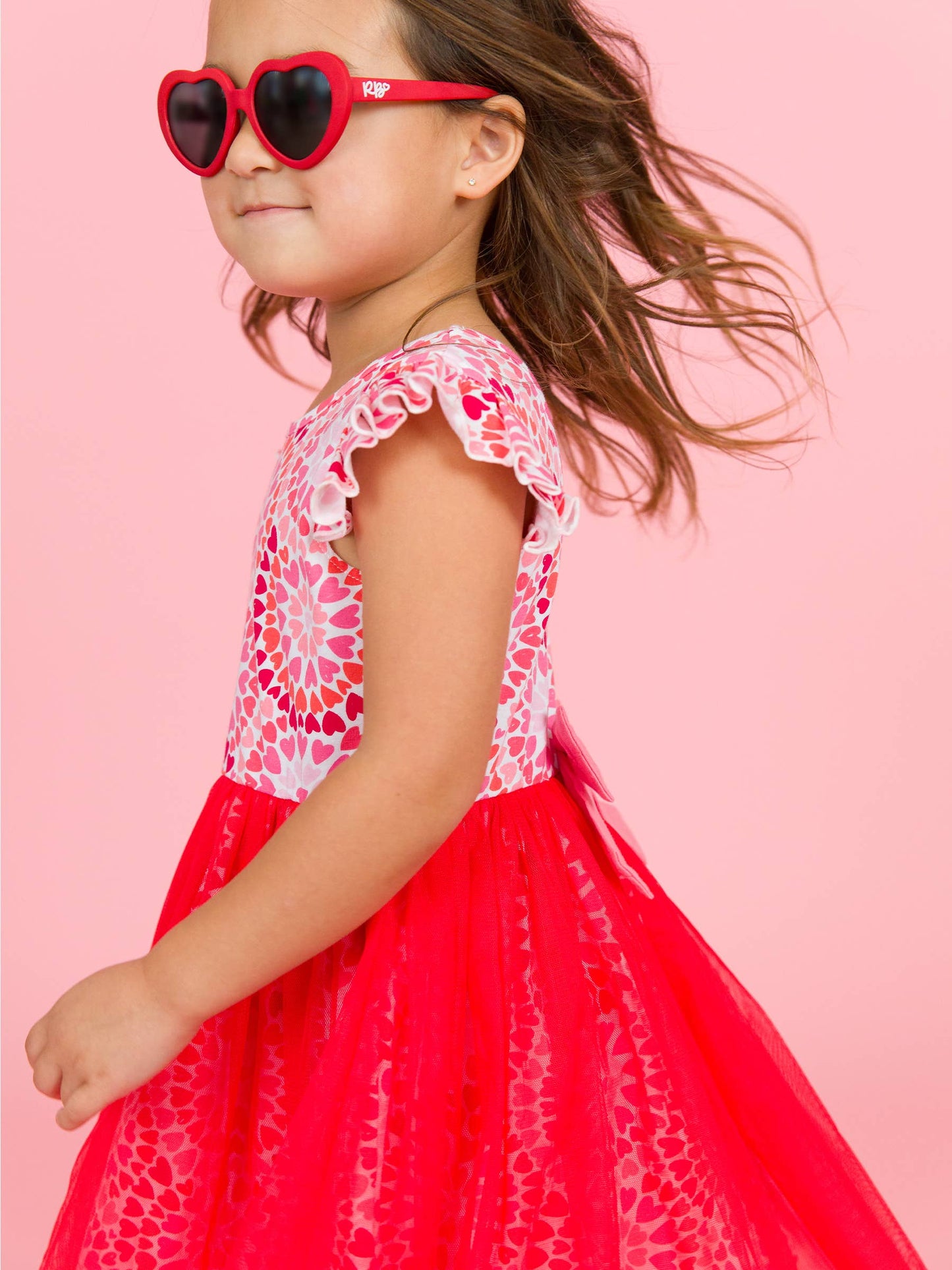 Girls Pink Kaleidoscope Hearts Flutter Tulle Twirl Dress