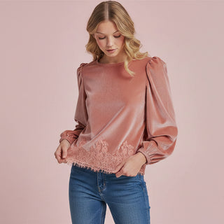 Women's Romantic Holiday Velvet Blouse Top with Eyelash Lace Hem