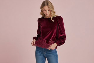 Women's Romantic Holiday Velvet Blouse Top with Eyelash Lace Hem