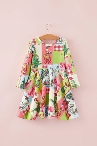 Autumn Winter Character Christmas Tree Print Girls Dress