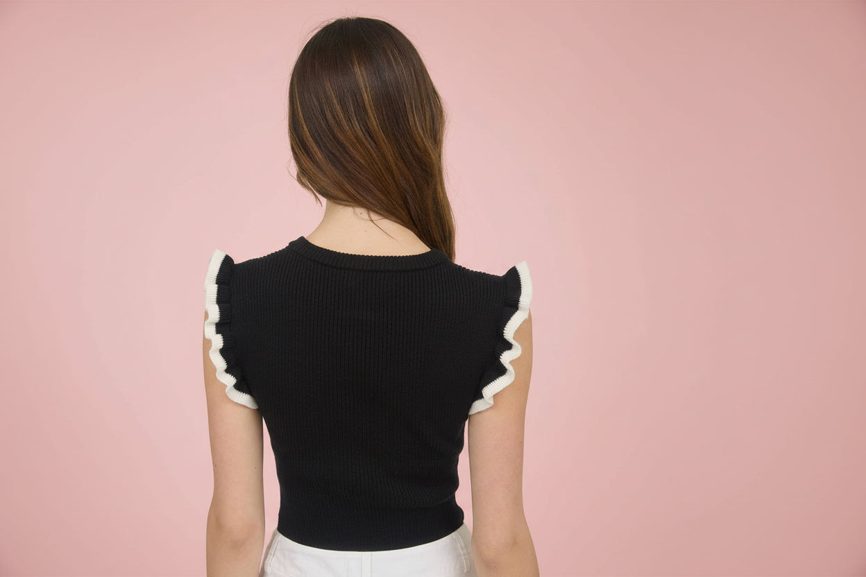 Black Ribbed Ruffle Sleeve Knit Top with Contrast Trim