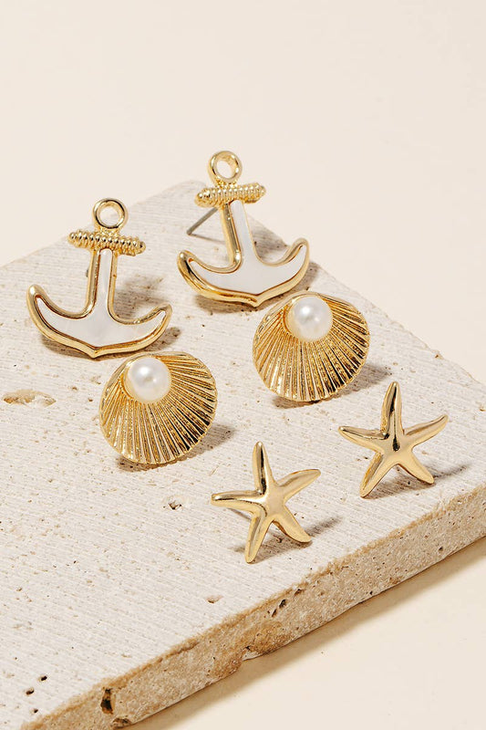Shell And Pearl Ocean Theme Stud Earrings Set