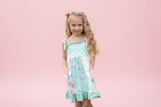 Girls Mint Gingham Ruffle Pocket Dress