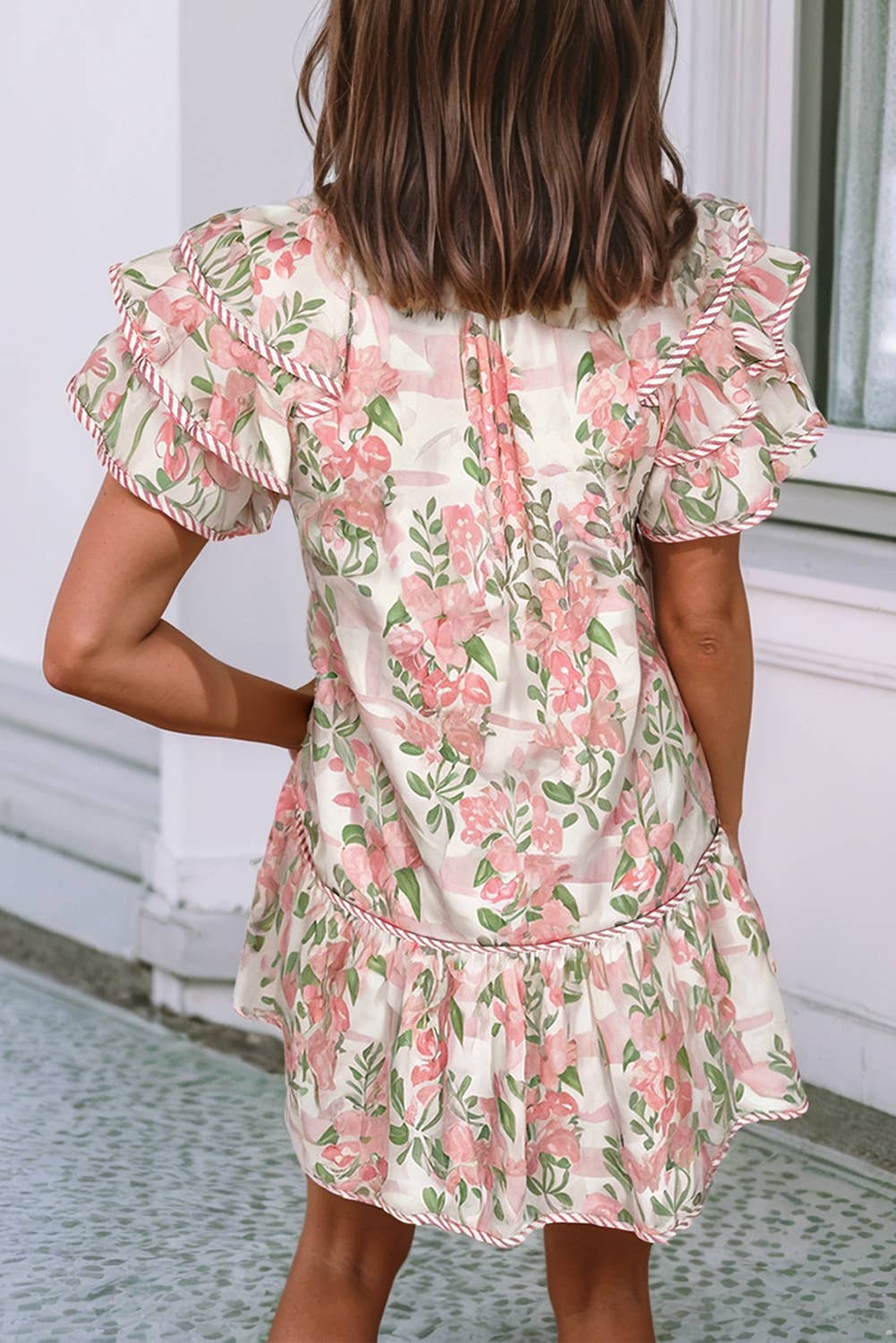 Floral Contrast Edge Layered Short Sleeve Mini Dress