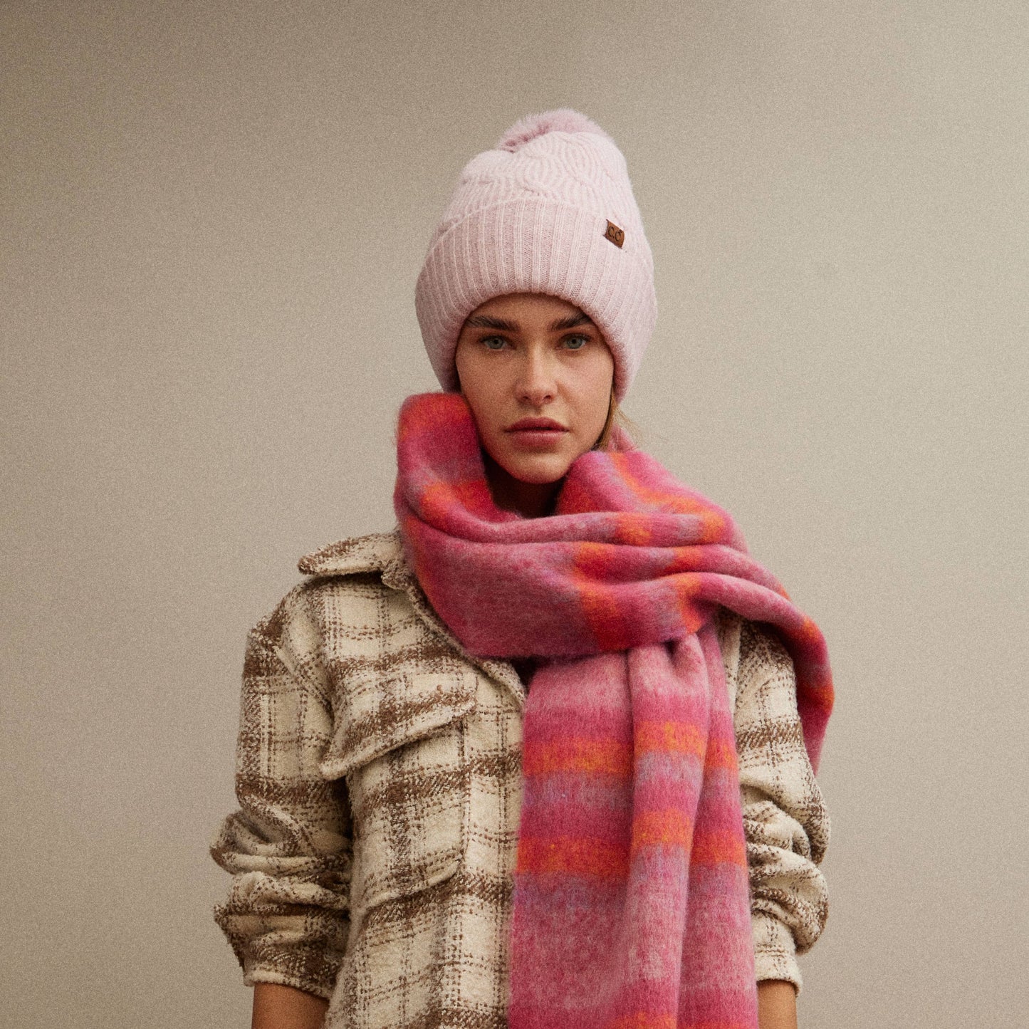 Cable Knit Faux Fur Pom Pom Beanie