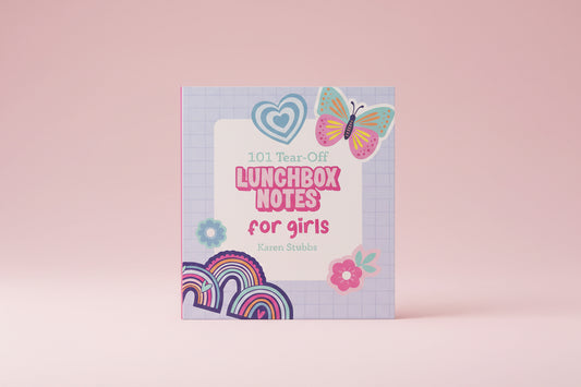 Lunchbox notes for girls with butterfly and rainbow design on a pink background