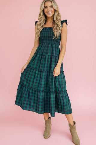 Women's Green Plaid Smocked Tiered Midi Dress