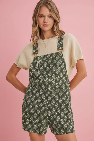 Women's Floral Print Overall Short Romper with Lace Trim